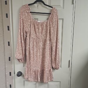Sequin Long Sleeve Mini Dress in Rose Gold